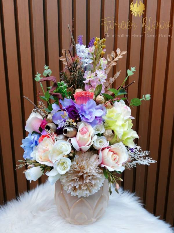 Silk Flower Vase with Mixed Faux Flowers 'Petal Kiss's Elegant Floral Gifts Melbourne Studio Forever Bloom