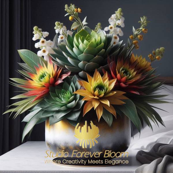 Stunning floral arrangement with Australian native flowers and leaves in a gold cake tin-style vase