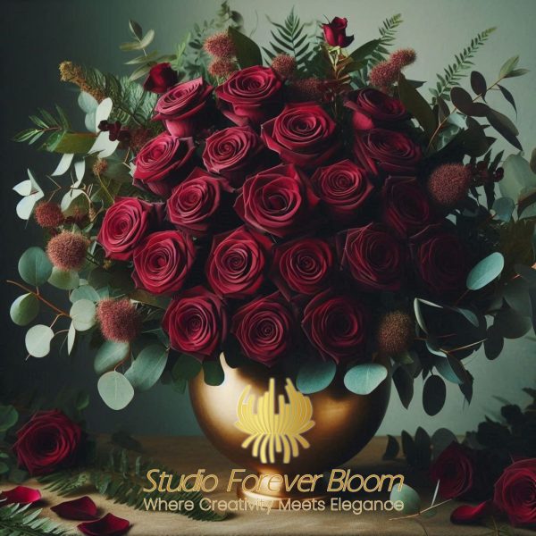Elegant floral arrangement featuring approximately 30 dark red roses with velvety petals, arranged in a round shape within a luxurious gold vase, surrounded by lush greenery including eucalyptus leaves and ferns.