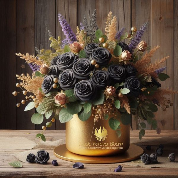 Stunning Black Flower Arrangement Done in Hand painted Gold Vase by Studio Forever Bloom