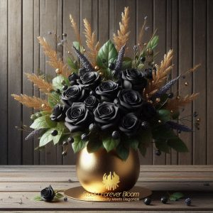 "Stunning black flower arrangement in a hand-painted gold vase by Studio Forever Bloom, showcasing elegant design and rich textures."