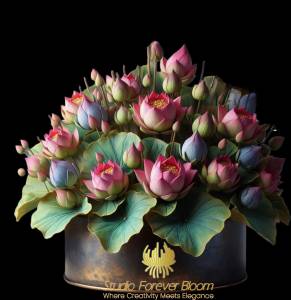 “Medium Pink Lotus Flower Arrangement with delicate petals and green foliage by Studio Forever Bloom.”