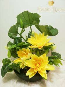 Premium vibrant yellow lotus arrangement named "Sunrise" Yellow Lotus Silk Flower Centerpieces by Studio Forever Bloom V1 in a black bowl
