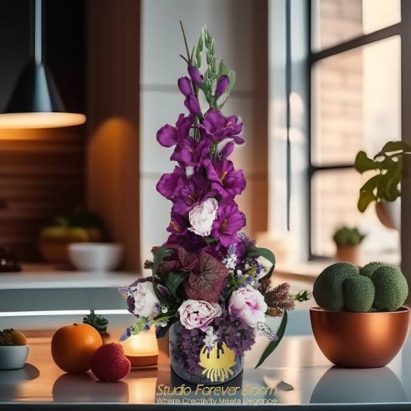 High-End Purple Silk Flower Decor Melbourne | 'Violet Tower' Artificial Flower Arrangement | Studio Forever Bloom