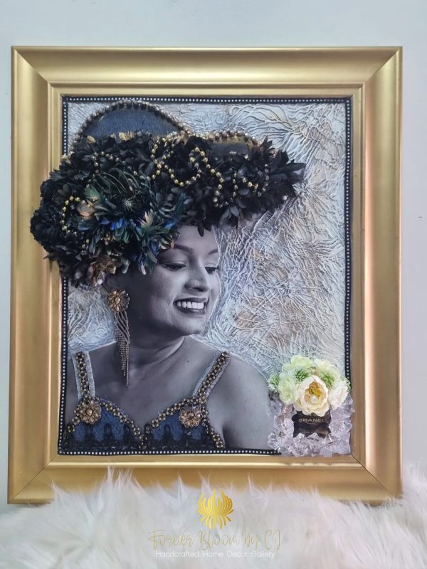 Mixed Media Portrait: She Vogue in Denim by Studio Forever Bloom, featuring recycled denim and artistic embellishments