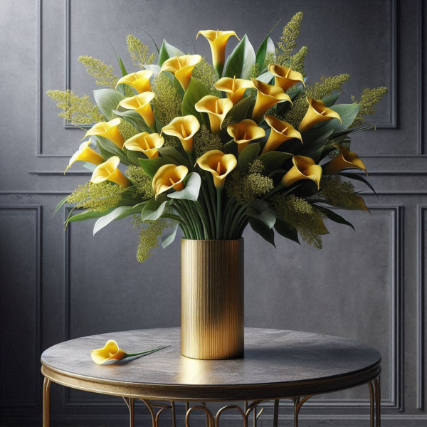 Yellow calla lillies arranged in a beautiful gold hand painted vase