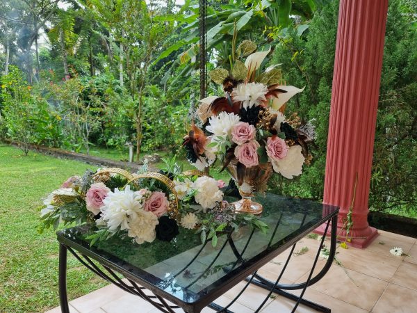 image of Modern Dining Table Décor with Silk Flower Arrangements - 'Ring-O’-Ring Of Roses' by Forever Bloom by CJ. Elegant home décor in Melbourne featuring pink and white roses