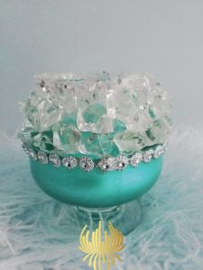 Twilight Glow Candle Holder by Studio Forever Bloom - A small, round, upcycled drinking glass embellished with crystals and metallic accents, perfect as a decorative accessory and candle holder for small spaces.