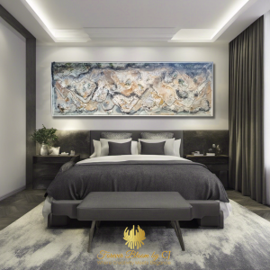 Extra long mixed media artwork titled 'Mystique Mountains' by Studio Forever Bloom, featuring moss green, peach, white, gold, silver, beige, and sand colors, suitable for bedroom, living room, or commercial premises.
