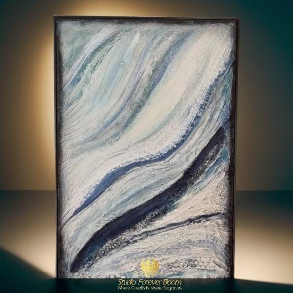 Blue, White, Silver Art - ‘Oceanic Currents’” (An elegant abstract artwork with a harmonious blend of blue, white, and silver, evoking the tranquillity and beauty of the ocean.)