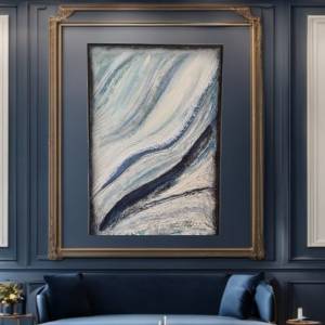 Abstract Sea Waves Art - ‘Oceanic Currents’ by Studio Forever Bloom” (A captivating abstract painting featuring swirling patterns of blue, white, and silver, representing the rhythmic dance of ocean currents.)