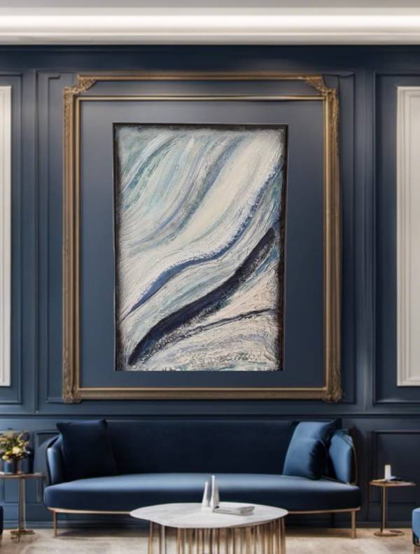 Abstract Sea Waves Art - ‘Oceanic Currents’ by Studio Forever Bloom” (A captivating abstract painting featuring swirling patterns of blue, white, and silver, representing the rhythmic dance of ocean currents.)