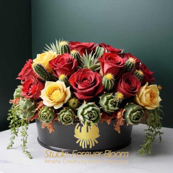 Silk rose cactus arrangements: "Silk rose and cactus arrangement in a decorative tin vase"