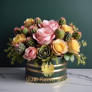 Classy Elegant Faux Flowers 'Chic Rose & Cactus Tins' by Studio Forever Bloom - Full Arrangement"