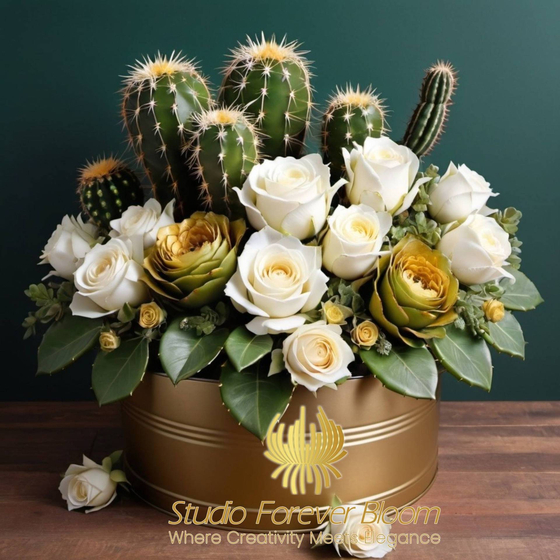 Cactus with Rose 1 (1) Handcrafted Artificial Cactus with Silk Florals Desert Chic Home Decor V1 featuring premium "real-touch" succulents and vibrant silk blooms by Studio Forever Bloom.