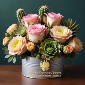 Handcrafted Artificial Cactus with Silk Florals Desert Chic Home Decor V1 featuring premium "real-touch" succulents and vibrant silk blooms by Studio Forever Bloom.