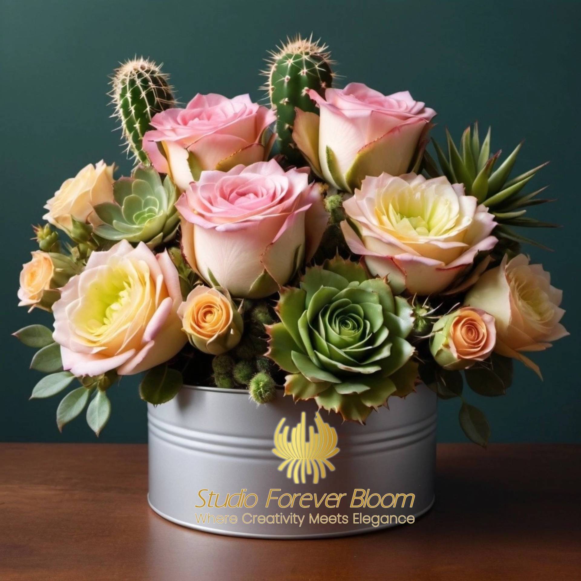 Cactus with Rose 1 (2) Handcrafted Artificial Cactus with Silk Florals Desert Chic Home Decor V1 featuring premium "real-touch" succulents and vibrant silk blooms by Studio Forever Bloom.