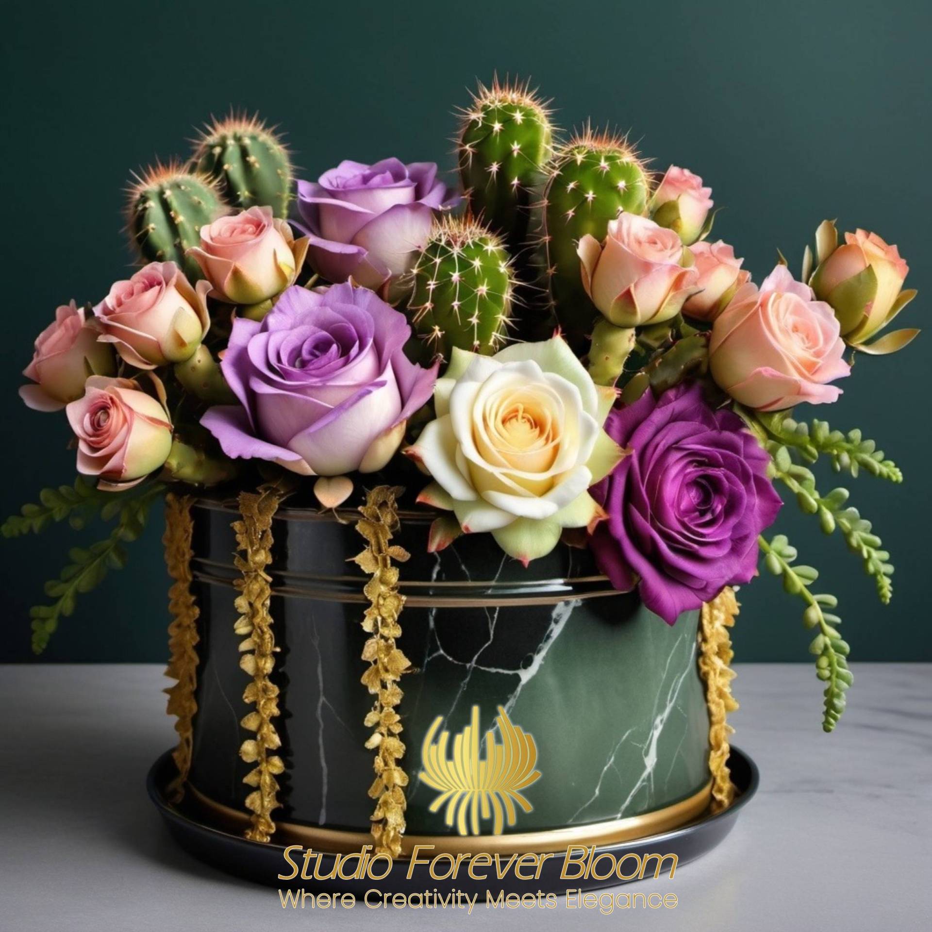 Cactus with Rose 1 (3) Handcrafted Artificial Cactus with Silk Florals Desert Chic Home Decor V1 featuring premium "real-touch" succulents and vibrant silk blooms by Studio Forever Bloom.