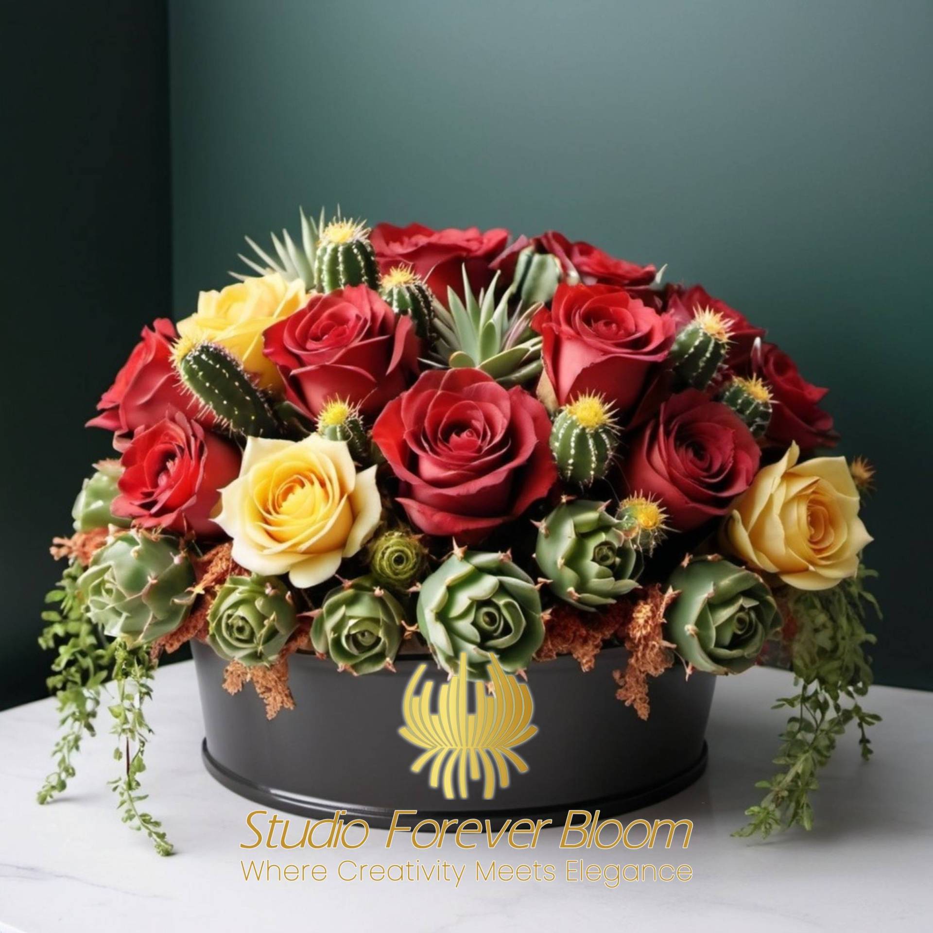 Cactus with Rose 1 (6) Handcrafted Artificial Cactus with Silk Florals Desert Chic Home Decor V1 featuring premium "real-touch" succulents and vibrant silk blooms by Studio Forever Bloom.