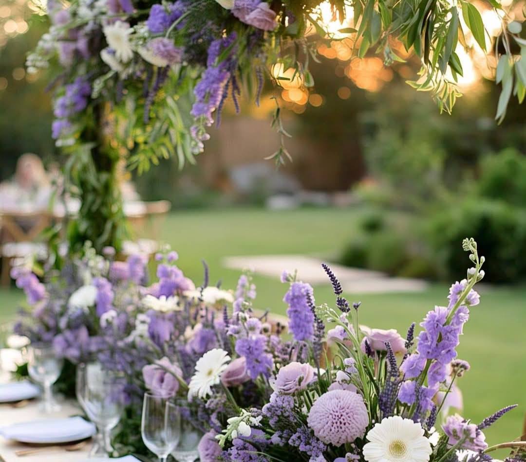 Lavender and purple silk flower centerpiece with white candles for a Melbourne backyard wedding 1 (1) Long table garland featuring purple roses and silk lavender for a rustic garden wedding reception.