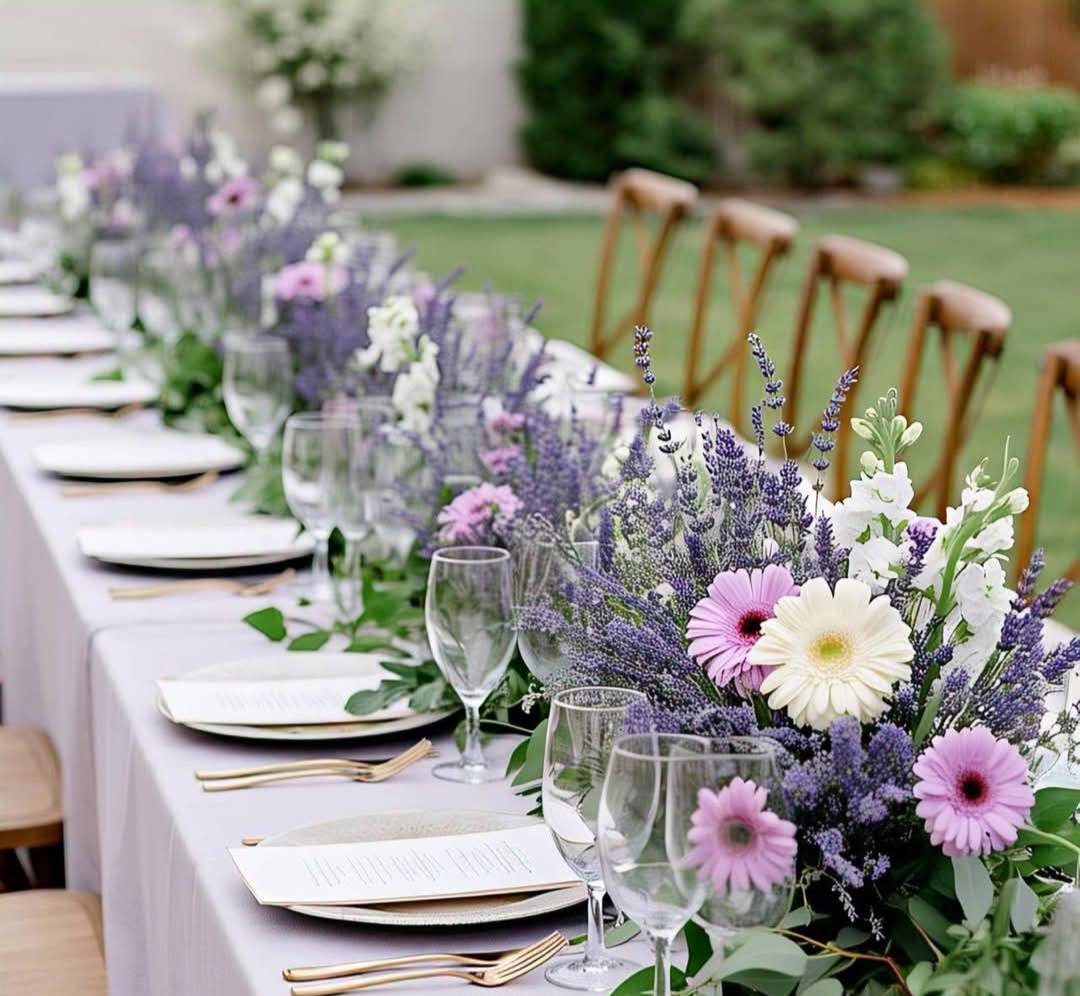 Lavender and purple silk flower centerpiece with white candles for a Melbourne backyard wedding 1 (11) Long table garland featuring purple roses and silk lavender for a rustic garden wedding reception.