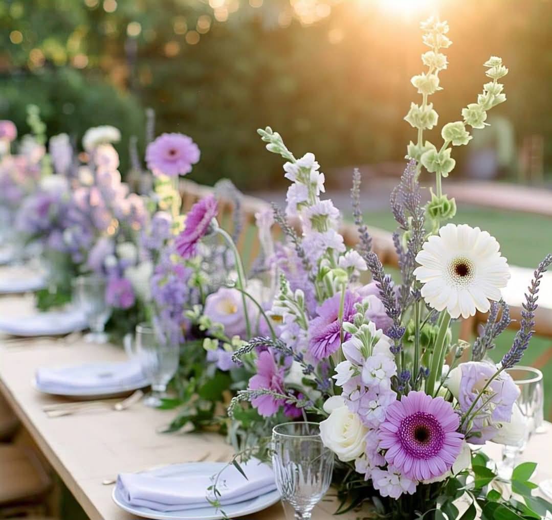 Lavender and purple silk flower centerpiece with white candles for a Melbourne backyard wedding 1 (7) Purple and white silk floral backdrop with lilac drapes for an outdoor wedding ceremony in Mernda.