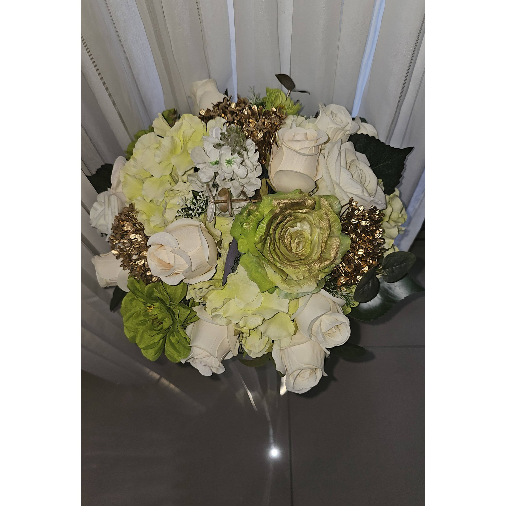 Luxury Gold Arch & Fluted Plinth Floral Set featuring handmade peach lilies, ivory silk roses, and white ribbed pedestals by Studio Forever Bloom.