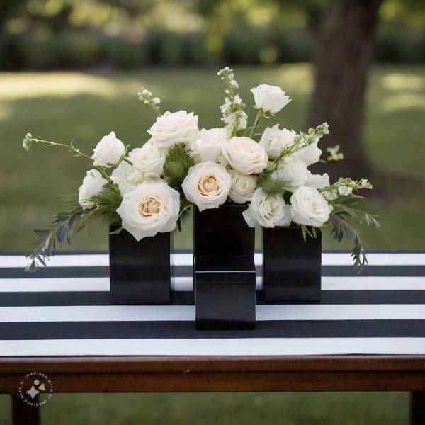 • Trio of black vases with real-touch white roses on striped table runner Wedding Centerpiece Collection