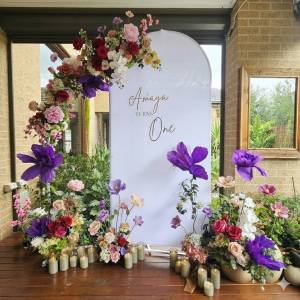 First birthday decoration Melbourne floral arch backdrop with silk flowers