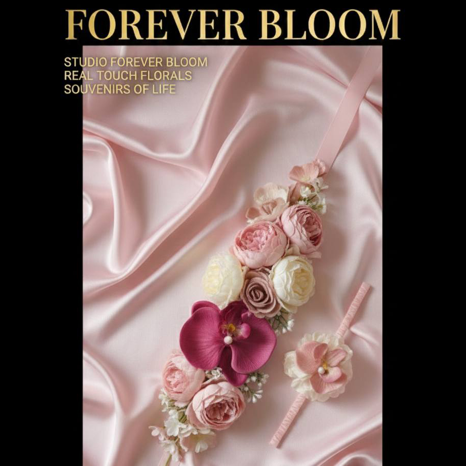 Flower Decor Frock decor (2) Blue and pink silk floral maternity sashes hanging on a wooden hanger by Studio Forever Bloom Melbourne.