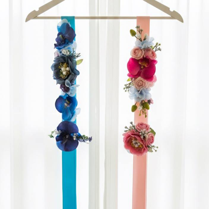 Flower Decor Frock decor (4) Blue and pink silk floral maternity sashes hanging on a wooden hanger by Studio Forever Bloom Melbourne.