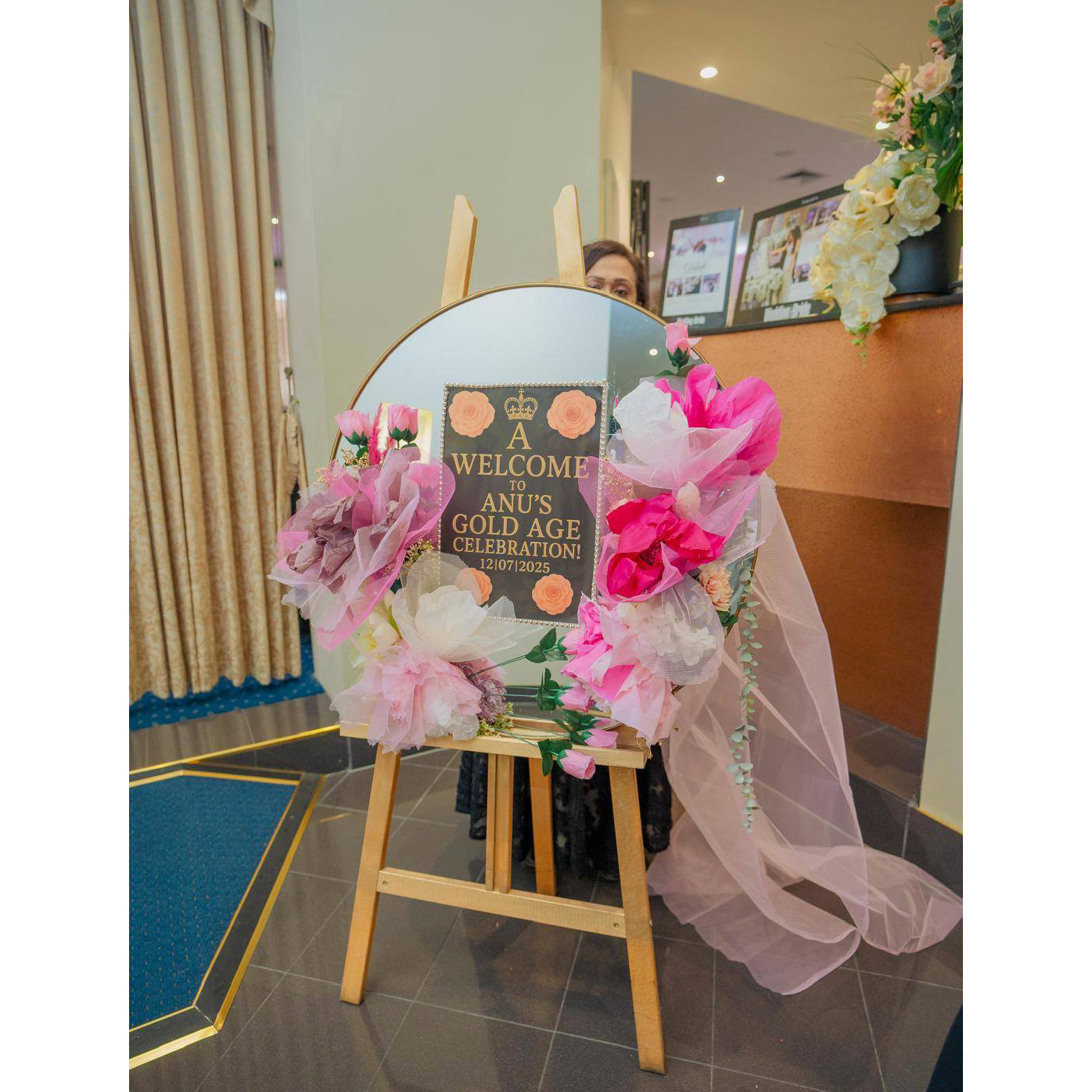 Giant Handmade Floral Decor V1 - Big Blooms 1 (10) Large pink handmade "Big Bloom" floral arrangement on a black table for a Melbourne event by Studio Forever Bloom.