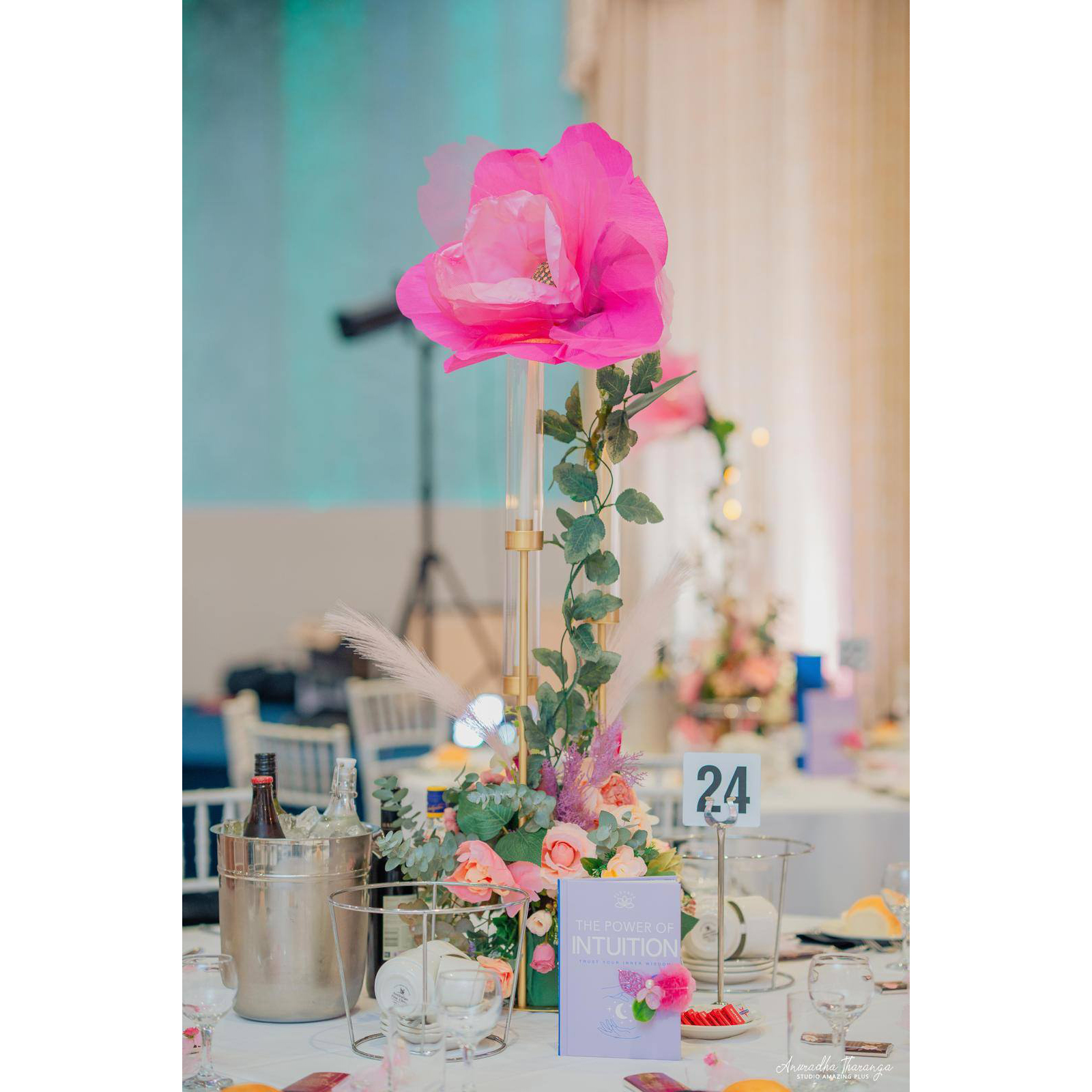 Giant Handmade Floral Decor V1 - Big Blooms 1 (11) Large pink handmade "Big Bloom" floral arrangement on a black table for a Melbourne event by Studio Forever Bloom.