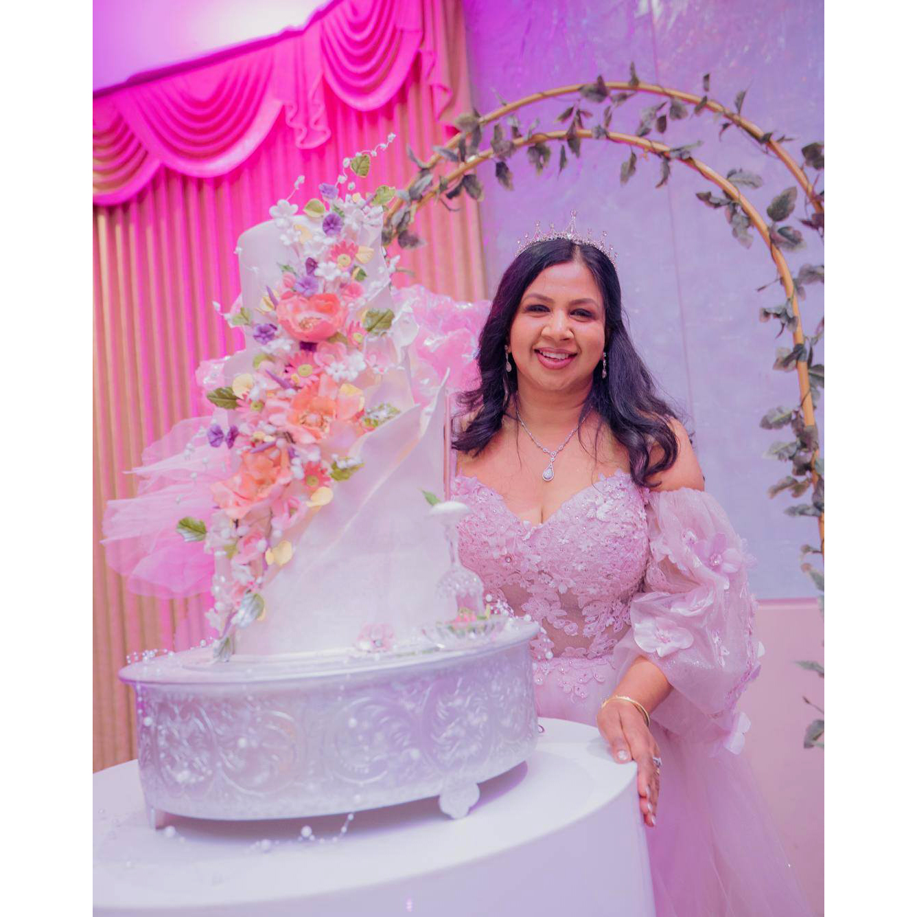 Giant Handmade Floral Decor V1 - Big Blooms 1 (12) Large pink handmade "Big Bloom" floral arrangement on a black table for a Melbourne event by Studio Forever Bloom.
