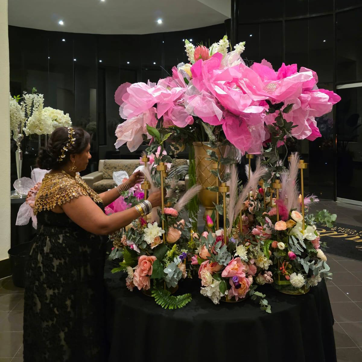 Giant Handmade Floral Decor V1 - Big Blooms 1 (2) Large pink handmade "Big Bloom" floral arrangement on a black table for a Melbourne event by Studio Forever Bloom.