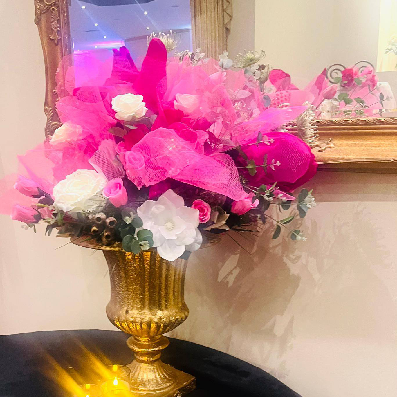 Giant Handmade Floral Decor V1 - Big Blooms 1 (3) Large pink handmade "Big Bloom" floral arrangement on a black table for a Melbourne event by Studio Forever Bloom.