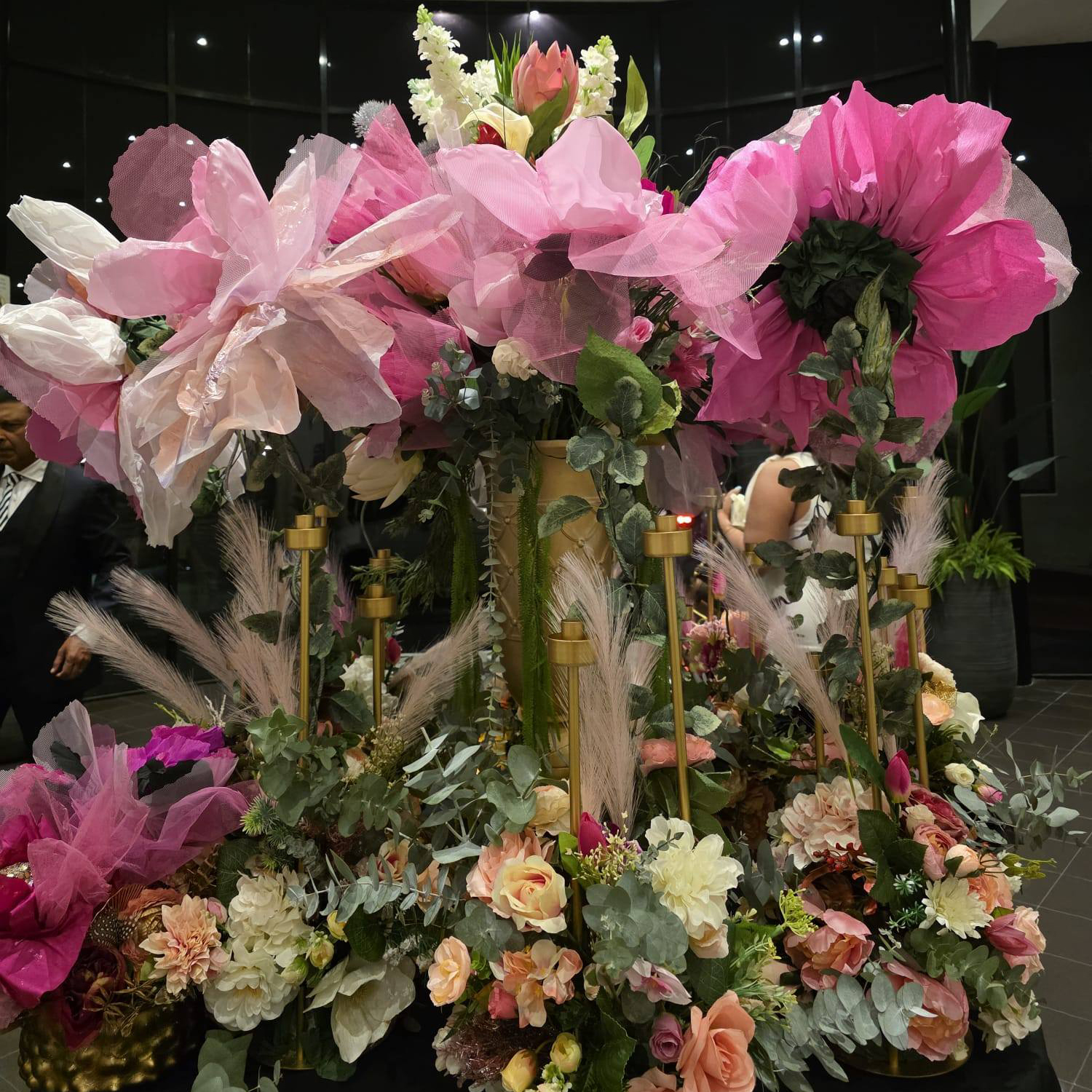 Giant Handmade Floral Decor V1 - Big Blooms 1 (4) Large pink handmade "Big Bloom" floral arrangement on a black table for a Melbourne event by Studio Forever Bloom.