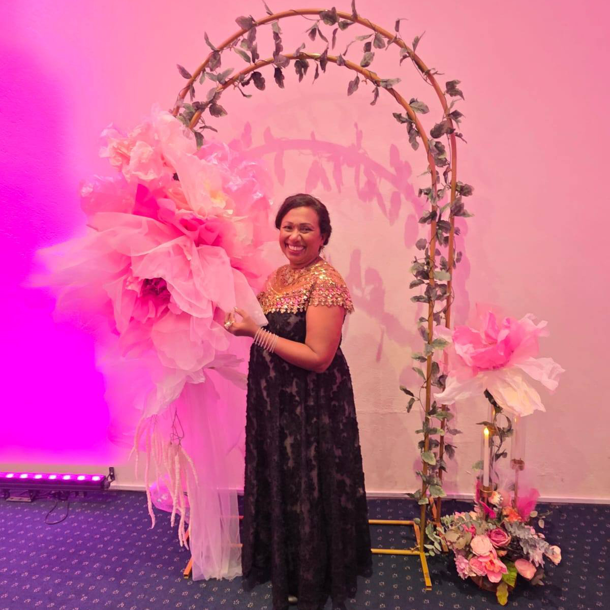 Giant Handmade Floral Decor V1 - Big Blooms 1 (6) Large pink handmade "Big Bloom" floral arrangement on a black table for a Melbourne event by Studio Forever Bloom.