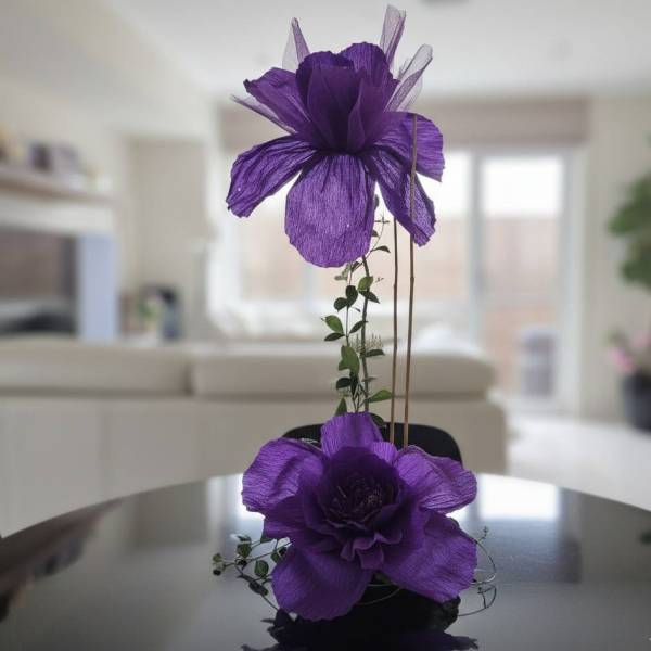 Giant Paper Flower Centerpieces V1 featuring a tiered purple silk floral design with ivy accents.