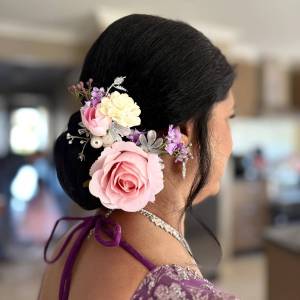 Silk floral hair piece Melbourne with blush pink rose and ivory blooms styled on elegant updo