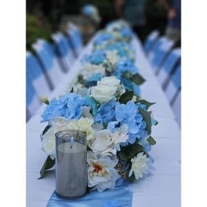 Silk Wedding Flowers Melbourne Blue and White Silk Flower Centerpiece with candles by Studio Forever Bloom Mernda