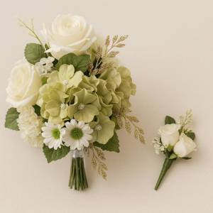 Silk flower wedding bouquet Melbourne with ivory roses and green hydrangea