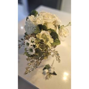 Silk flower wedding bouquet Melbourne with ivory roses and green hydrangea