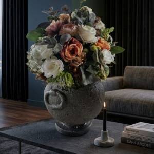 Modern KALAYA clay pot with luxury silk rose and dahlia floral arrangement on a black fluted pedestal by Studio Forever Bloom Melbourne. KALAYA Clay Pot Collection V1 - Modern Handcrafted Decor
