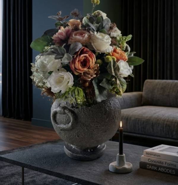 Modern KALAYA clay pot with luxury silk rose and dahlia floral arrangement on a black fluted pedestal by Studio Forever Bloom Melbourne. KALAYA Clay Pot Collection V1 - Modern Handcrafted Decor