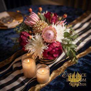 A group of four smiling elegantly dressed women standing behind a Studio Forever Bloom black and white striped hybrid floral centerpiece during an event on 11 July 2026 Silk Floral Event Decor Melbourne