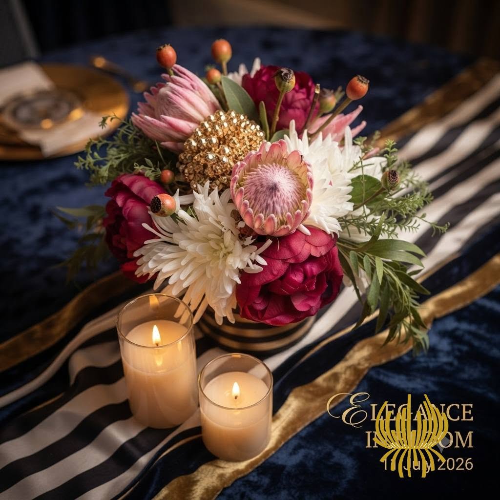 A group of four smiling elegantly dressed women standing behind a Studio Forever Bloom black and white striped hybrid floral centerpiece during an event on 11 July 2026 Silk Floral Event Decor Melbourne