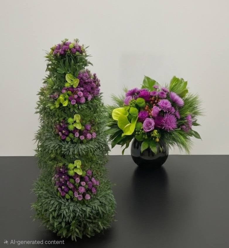 A luxury event decor showcase by Studio Forever Bloom featuring a tall purple and green hybrid floral pillar next to matching silk centerpieces in black pots.