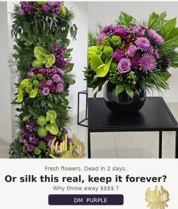 A luxury event decor showcase by Studio Forever Bloom featuring a tall purple and green hybrid floral pillar next to matching silk centerpieces in black pots.