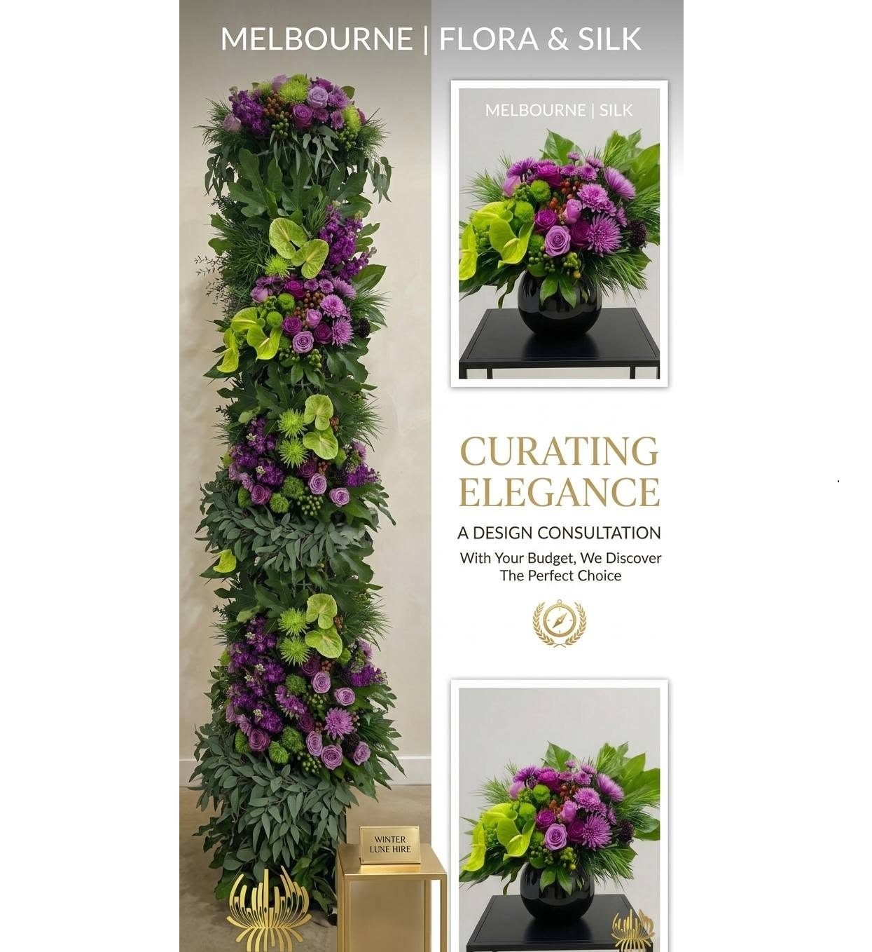 A luxury event decor showcase by Studio Forever Bloom featuring a tall purple and green hybrid floral pillar next to matching silk centerpieces in black pots.